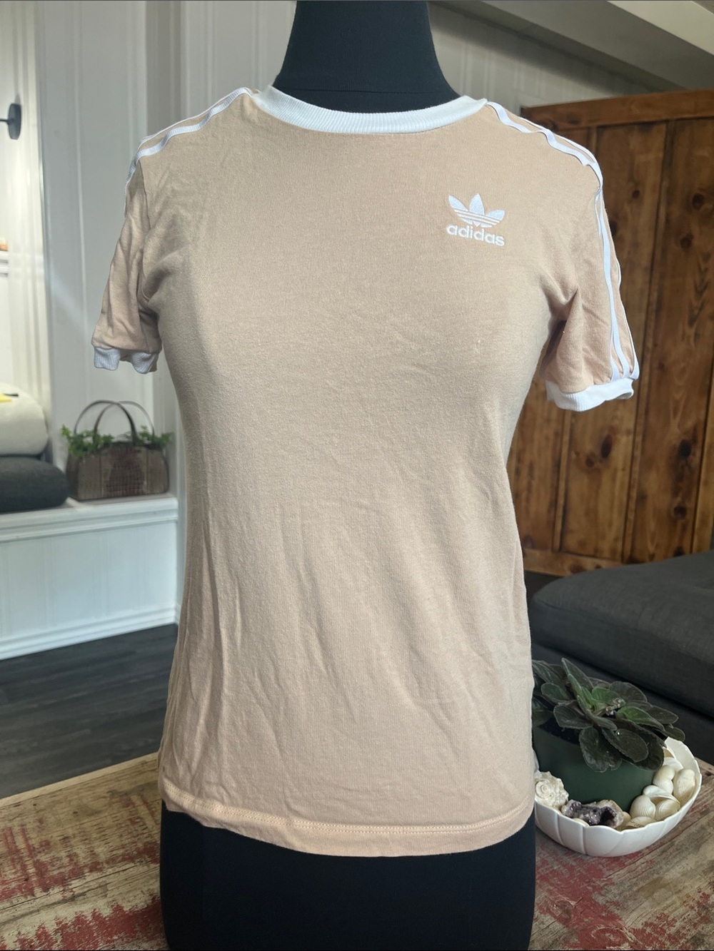 adidas Women's Beige Short Sleeve Tee with White Trim